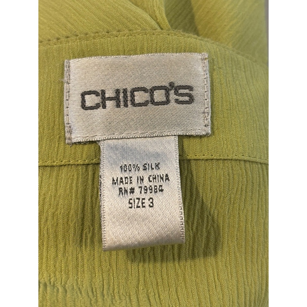 Chicos 100% Silk Beaded V-Neck Tunic Top Chartreuse  3 XL, resort, vacation - Picture 5 of 5